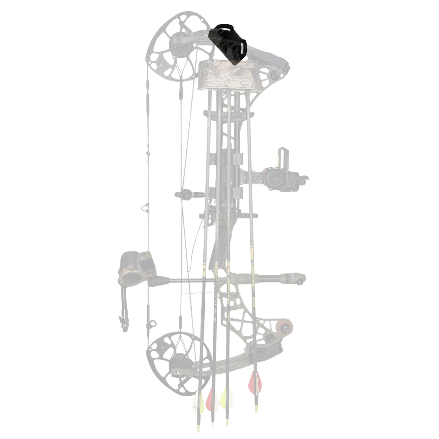 Compound bow displayed on wall with WAYMKR mount
