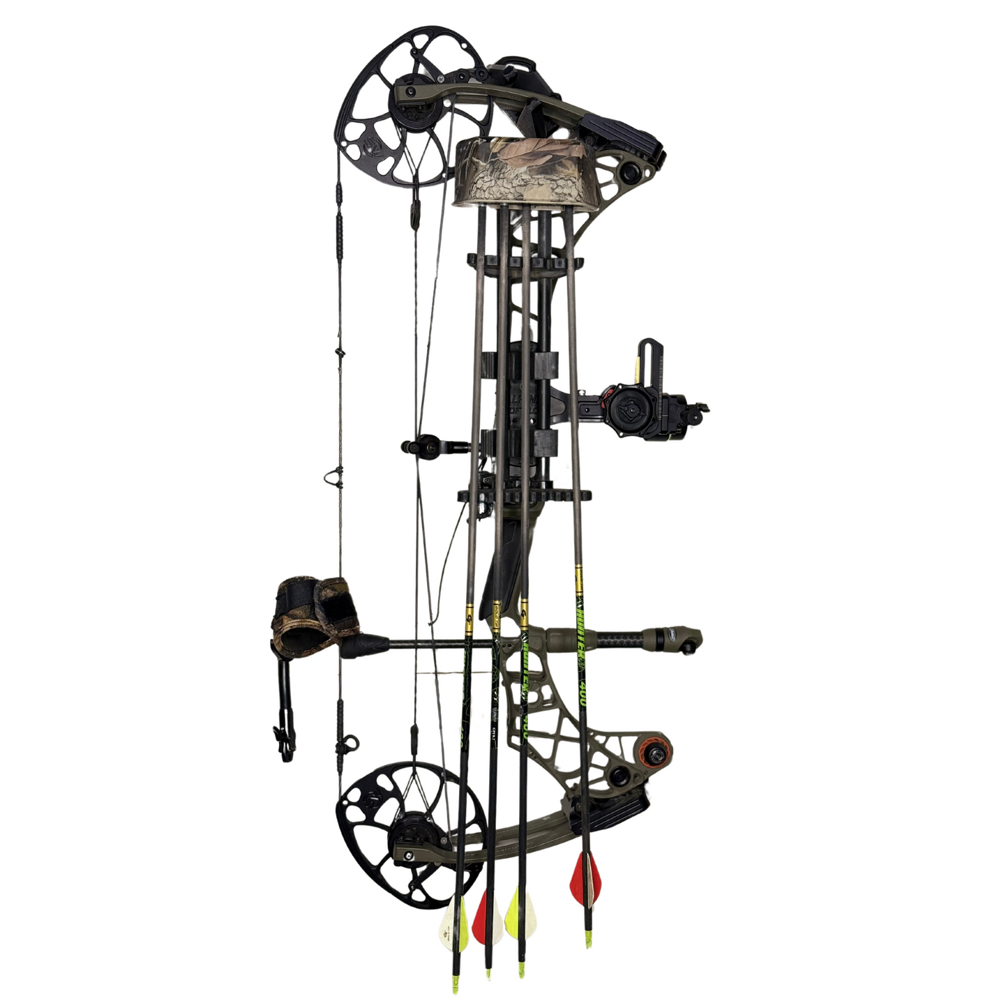 Compound bow displayed on wall with WAYMKR mount