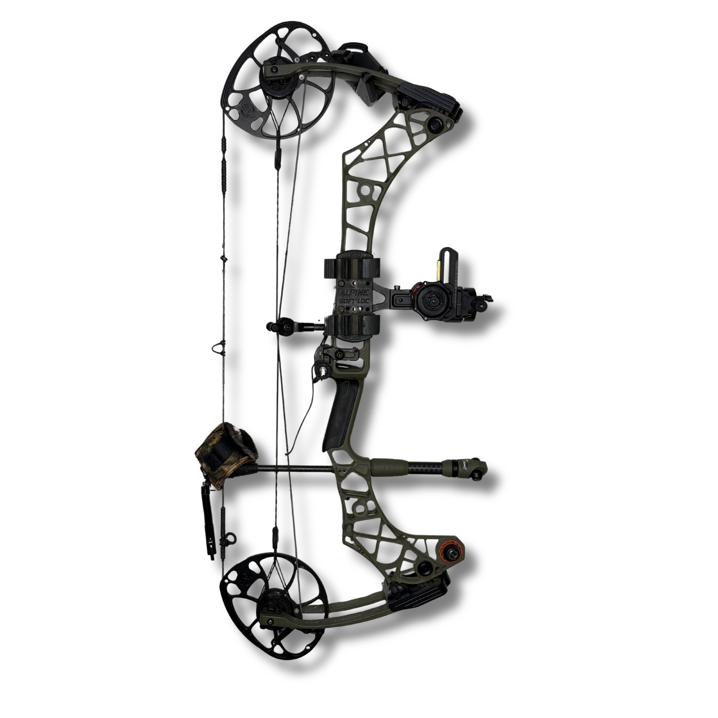 Compound bow displayed on wall with WAYMKR mount - right facing