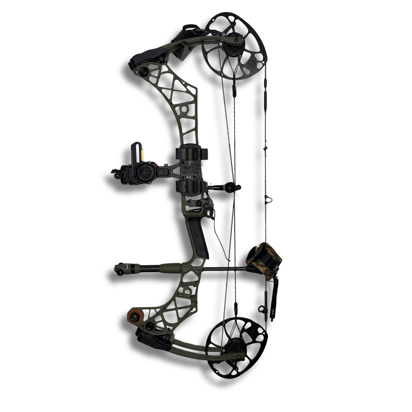 Compound bow displayed on wall with WAYMKR mount - left facing