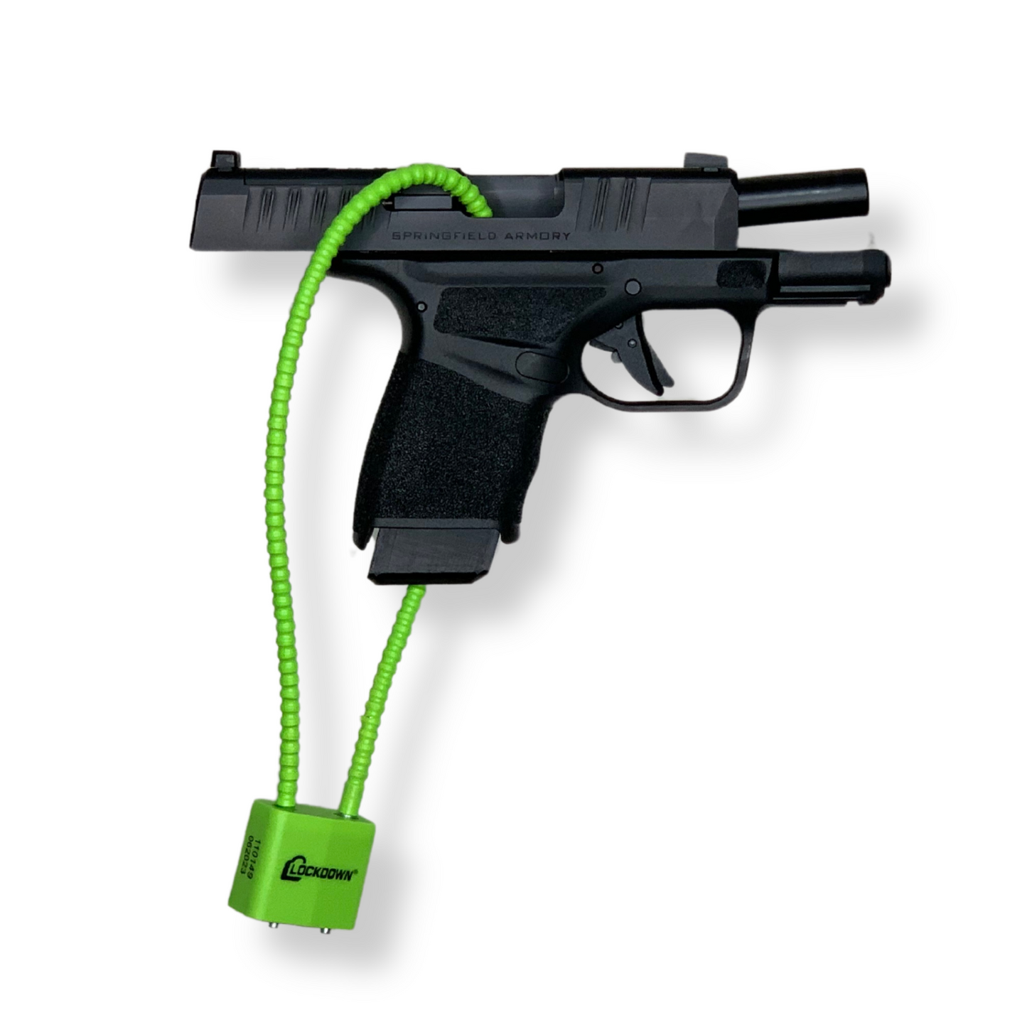 Springfield Armory Hellcat mounted on Waymkr wall display with cable lock