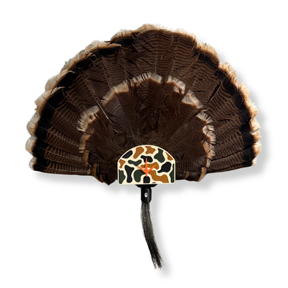 Turkey fan and beard mount display showing full hunting trophy fan and beard