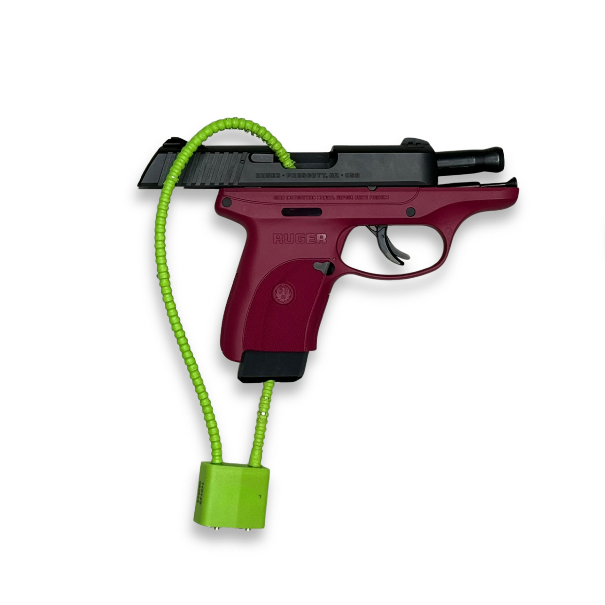 Ruger LC9 displayed on WAYMKR wall mount with cable lock